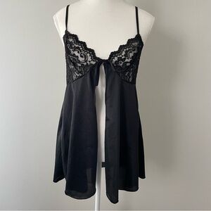 Vintage Jessica Lace Babydoll Lingerie Top Tie Front Sheer Black Size Medium